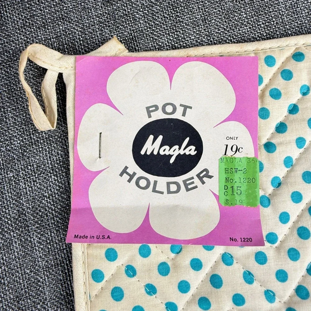 Magla Vintage Oven Mitt Pot Holder Set Blue Polka Dot No 1240 1220 New W Tags
